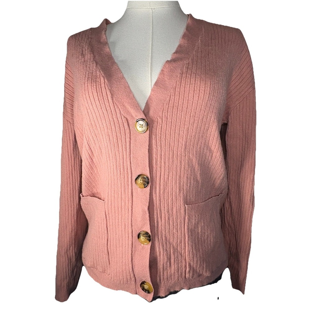 Saturday Sunday Anthropologie Pink Ribbed Collar Button Down Sweater Cardigan